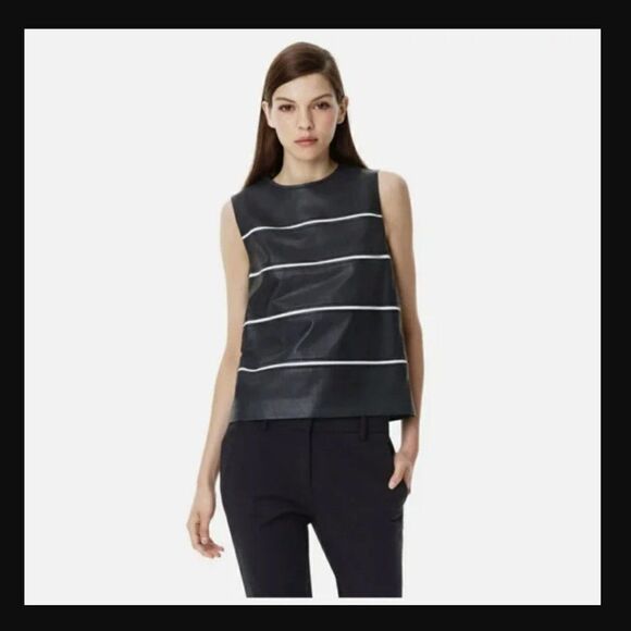 Theory Emlay Magazine Striped Leather Top in Black/white Petite - Picture 1 of 7